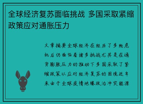 全球经济复苏面临挑战 多国采取紧缩政策应对通胀压力