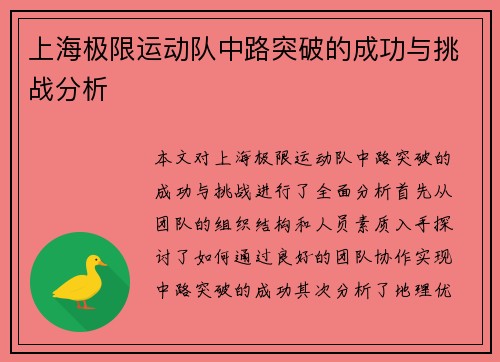 上海极限运动队中路突破的成功与挑战分析