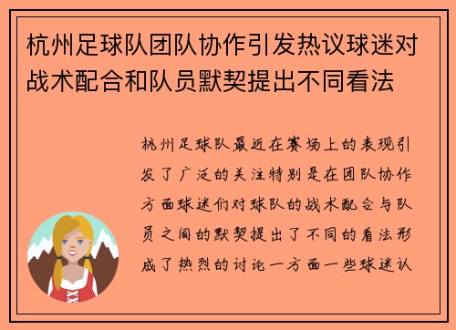 杭州足球队团队协作引发热议球迷对战术配合和队员默契提出不同看法